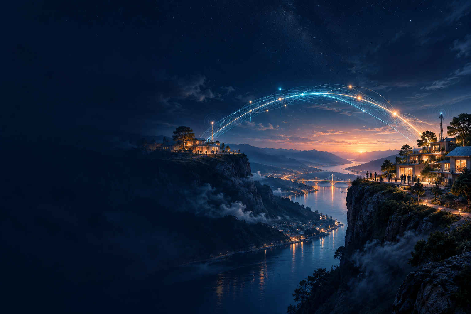 Communities across a mountain valley connected by arcs of light at dawn
